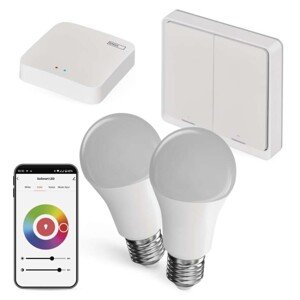 Sada GoSmart: 2x LED žiarovka E27 / 11W / RGB / Zigbee, 1x ovládač scén, 1x ZigBee brána