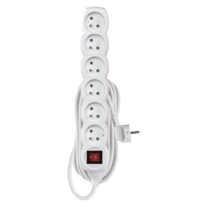 Predlžovací kábel 5 m / 6 zásuviek / s vypínačom / biely / PVC / 1 mm2