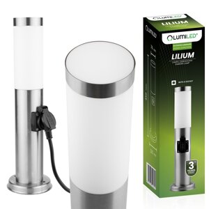 Vonkajšie záhradné svietidlo E27 INOX PIPE 45cm s 230V zásuvkou Lilium Lumiled