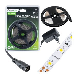 Sada LED pásov 12V 24W 300LED SMD 2835 Warm 8mm 5m + napájací zdroj
