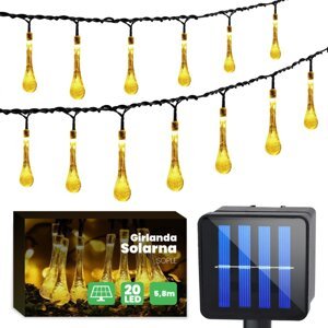 Solárny závesný veniec 20 LED slzičiek záhradná lampa 580 cm sople teplá farba