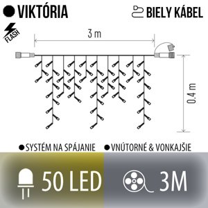 Viktória spojovateľná led svetelná záclona vonkajšia flash - 50led - 3m teplá biela / flash prebliknutie studená biela - biely kábel