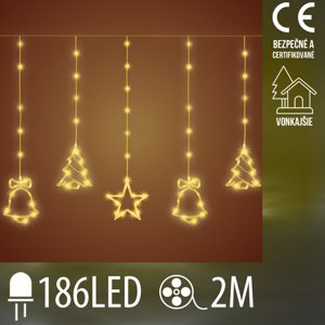 Vianočná led svetelná záclona vonkajšia - záves - vonček/stromček/hviezda - 186led - 2m teplá biela
