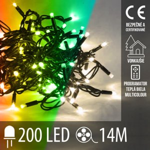Vianočná led svetelná reťaz vonkajšia s časovačom + programátor + 2 farebné variácie - 200led - 14m teplá biela/multicolour