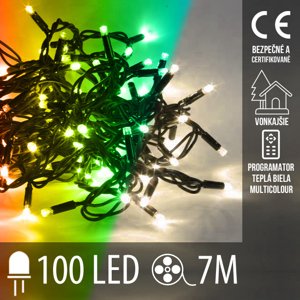 Vianočná led svetelná reťaz vonkajšia s časovačom + programátor + 2 farebné variácie - 100led - 7m teplá biela/multicolour