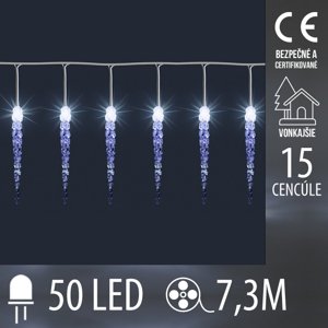 Vianočná led svetelná reťaz vonkajšia - 15 cencúle - 50led - 7,3m studená biela
