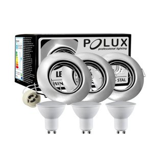 Sada 3x GOLDLUX (Polux) okrúhle niklové halogénové svietidlo + LED GU10 3,5W žiarovka